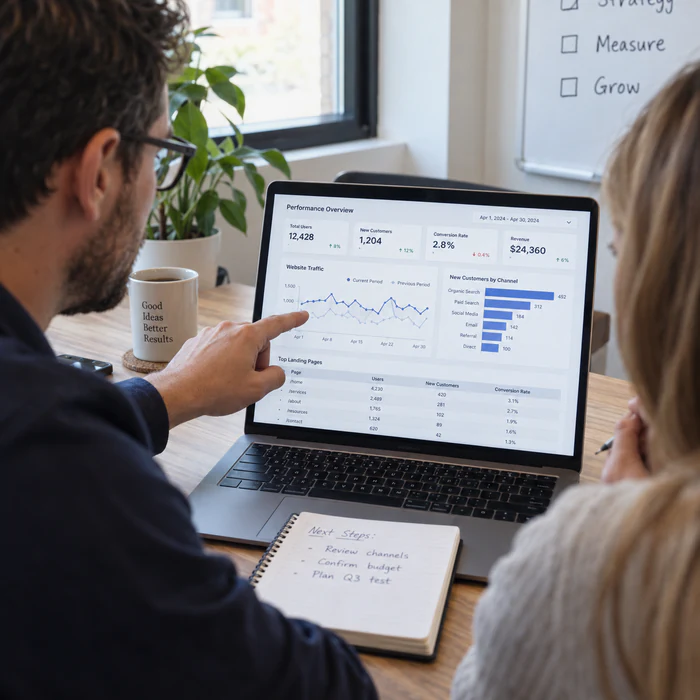 Consultant and client reviewing traffic, conversion and channel statistics together
