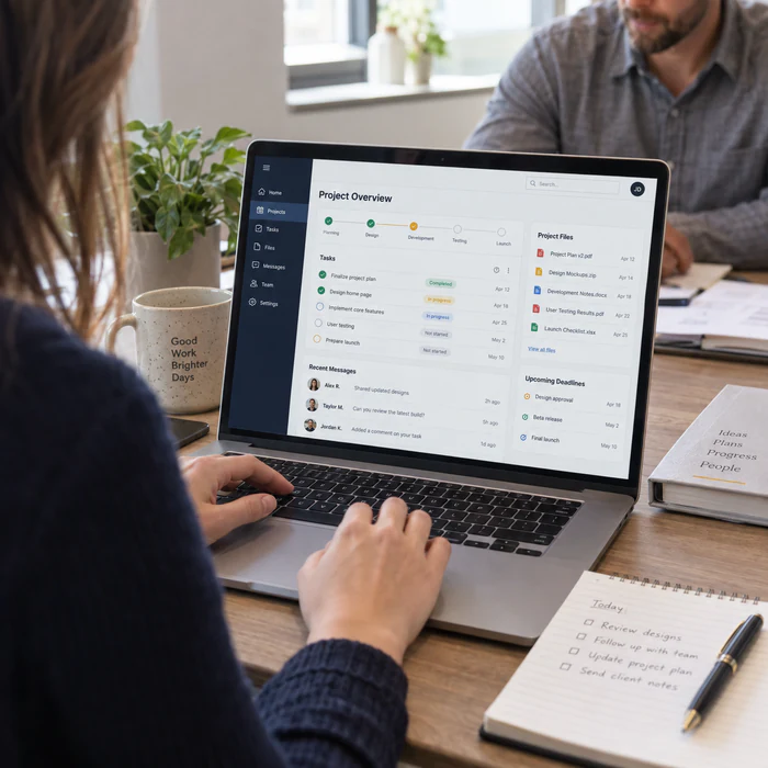 Team member using a client portal with projects, files, messages and deadlines