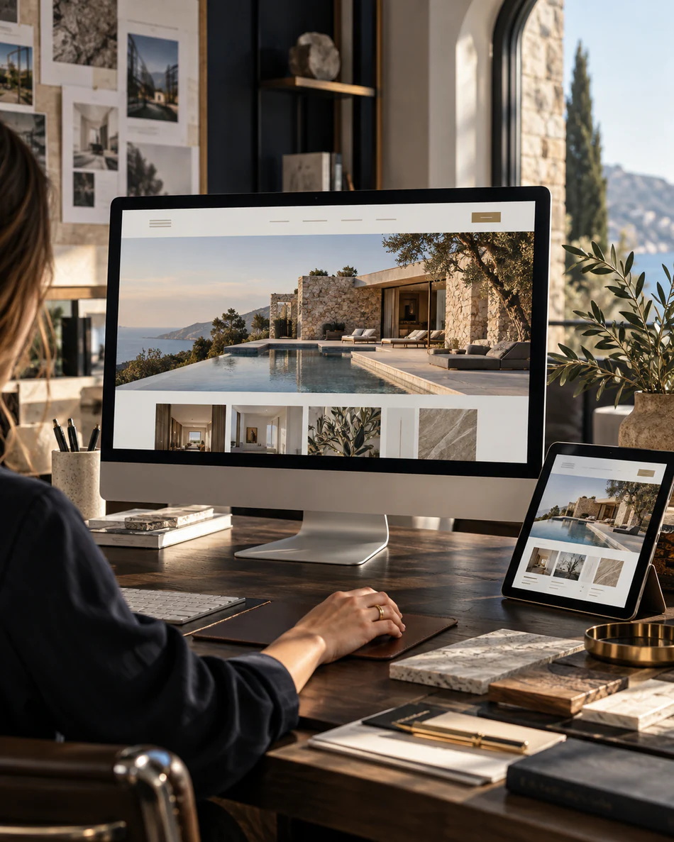 Premium property website being refined on a desktop monitor and tablet