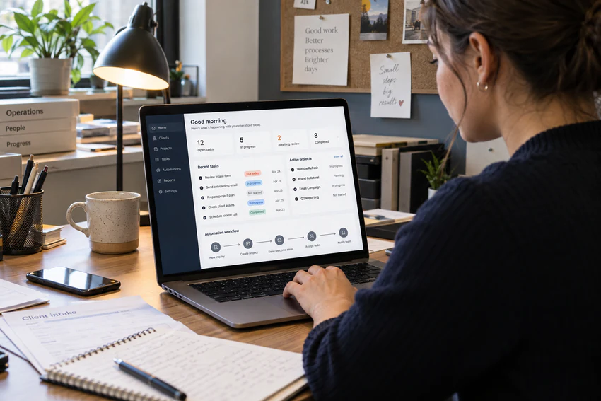 Operations specialist using a task dashboard and connected automation workflow in an office