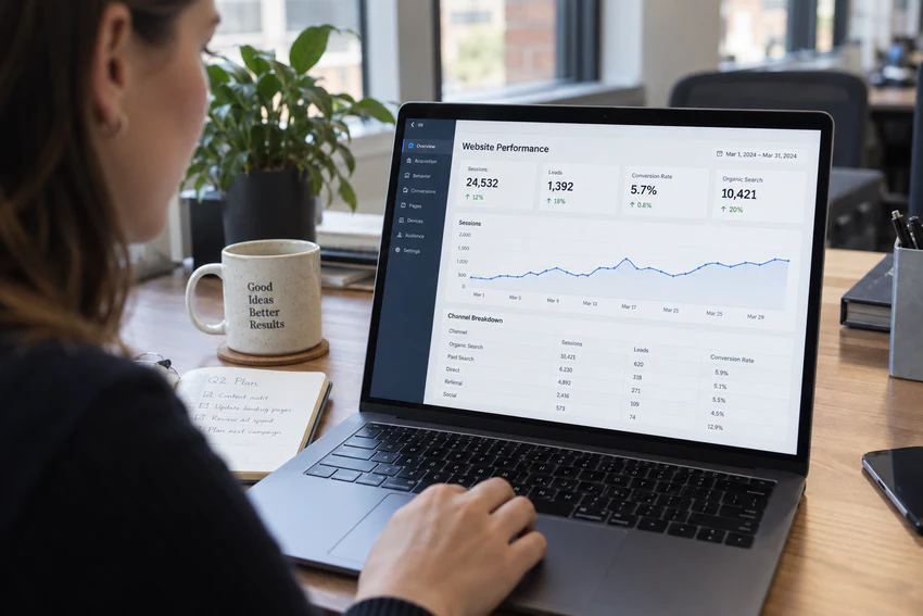 Marketing analyst reviewing a performance dashboard with traffic, leads and channel statistics
