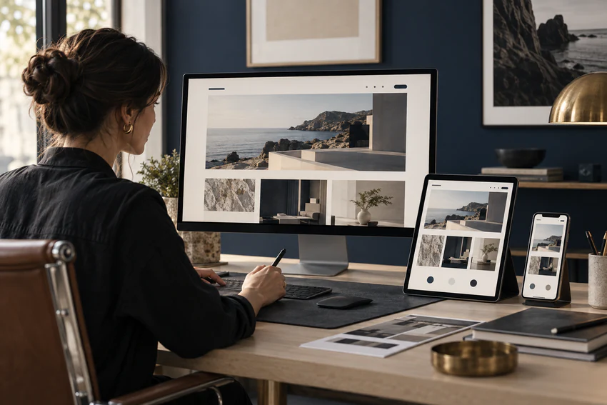 Designer refining the same responsive website on desktop, tablet and phone